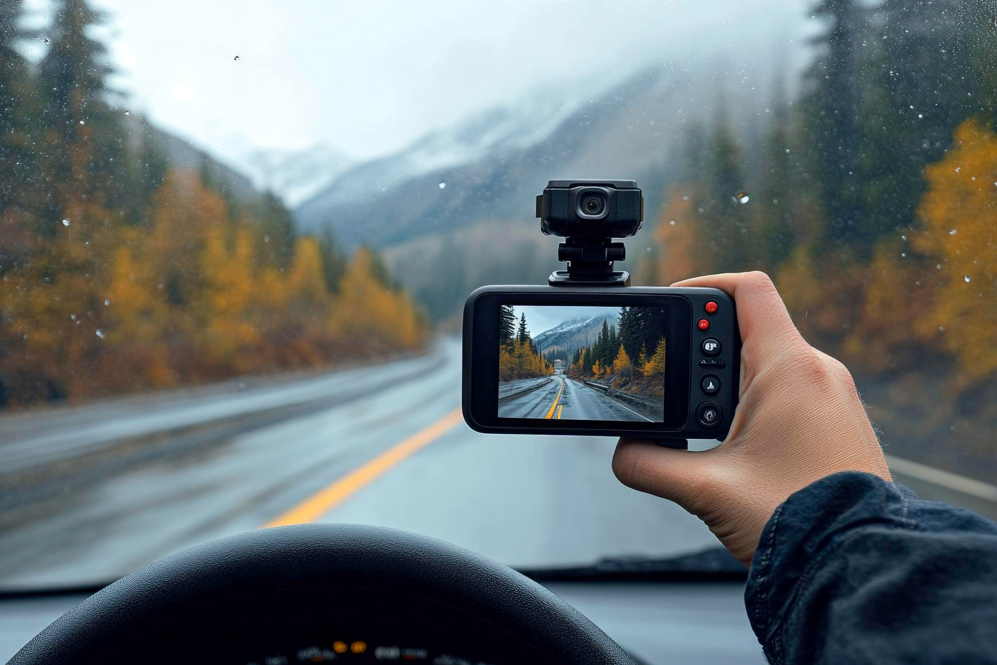 Blitzer-App und Dashcam, eine Kamera ist auf die Straße gerichtet, Berge im Hintergrund